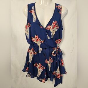 Peach Love California Navy Floral Bull Skull Print Tie Waist Romper S